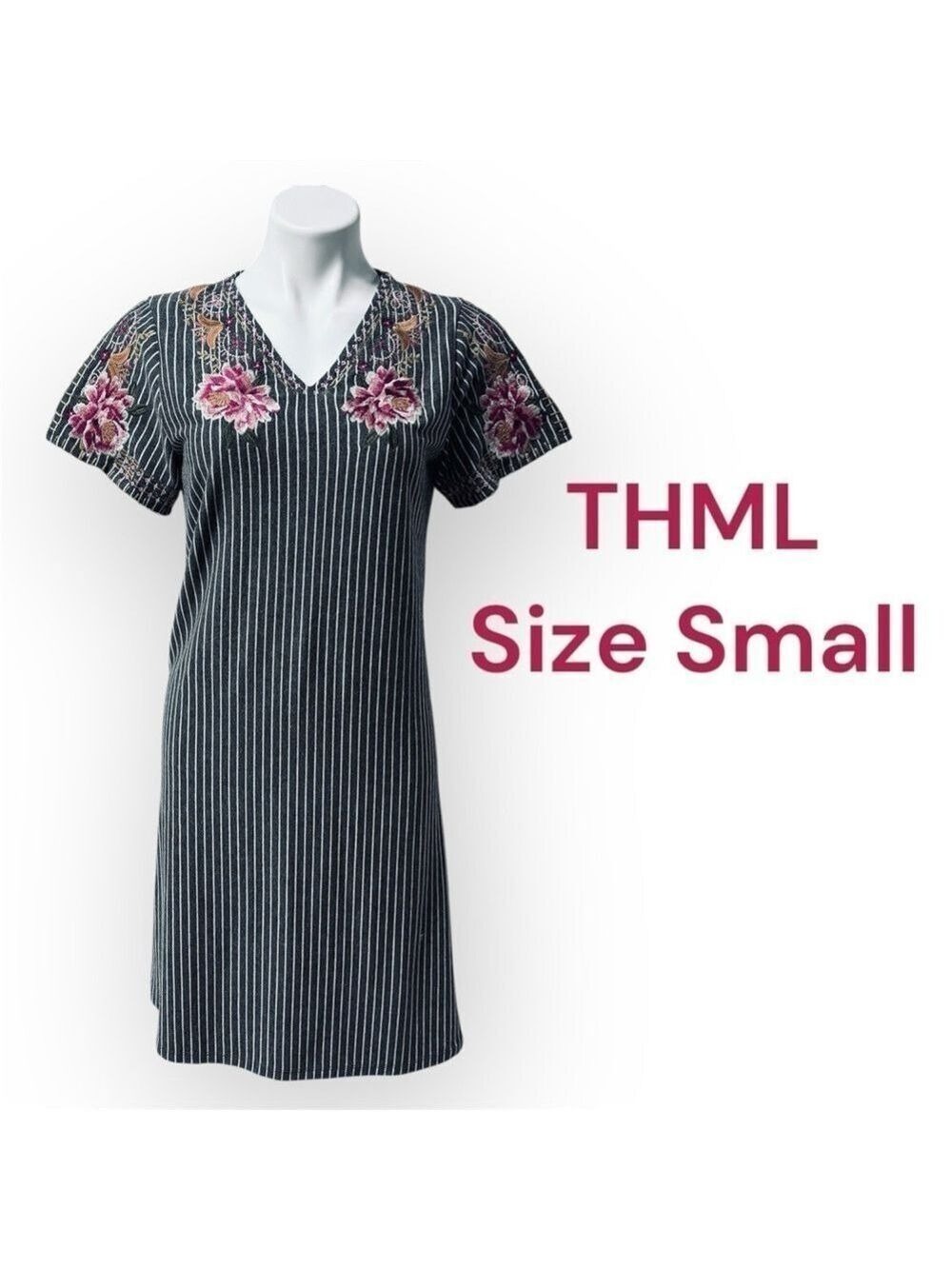 THML Grey White Stripe Dress Floral Embroidery Split Sleeve Small